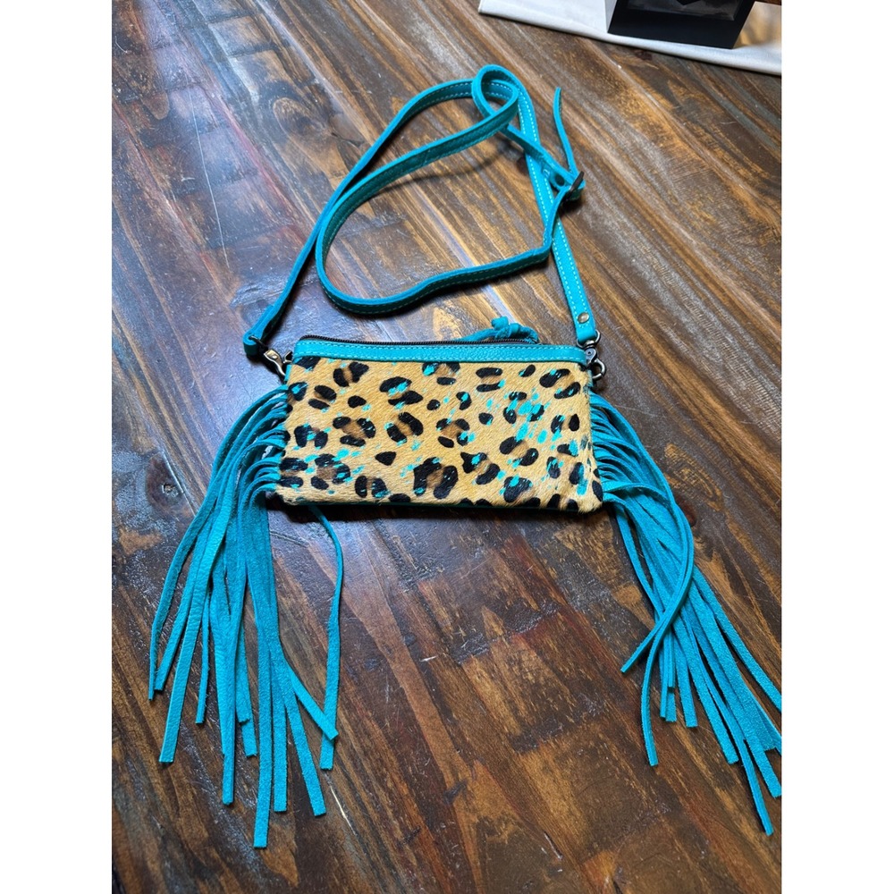 American Darling Turquoise Leopard Hair on Hide Fringe Crossbody Bag Clutch